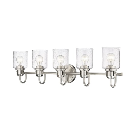 Kinsley 5 Light Vanity, Brushed Nickel And Clear Seeded